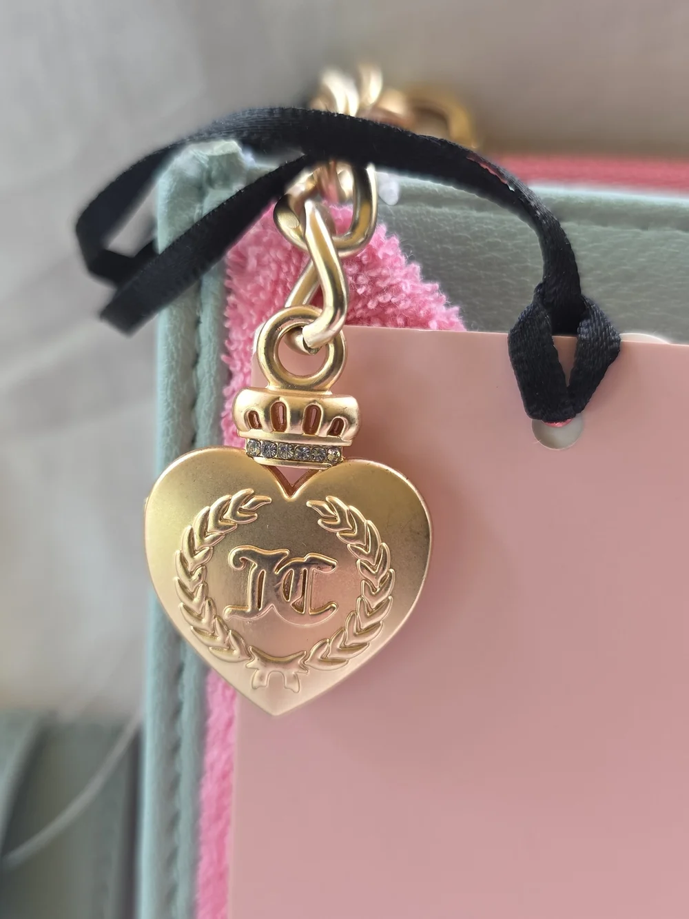 Juicy Couture Pink Terry Card Wallet & Card Holder Mint Trim & Gold Heart Charm